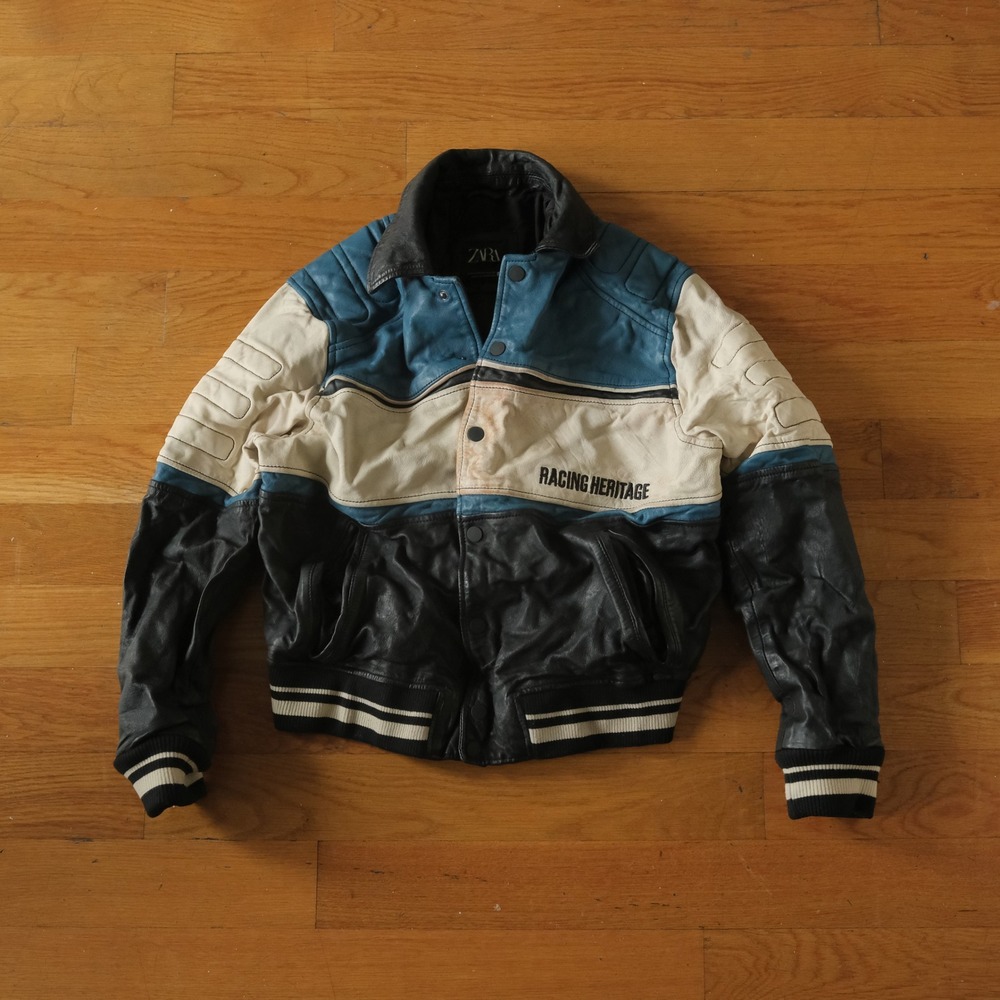 Zara Racing Heritage Leather Jacket Women Blue White Black Colorblock Moto M